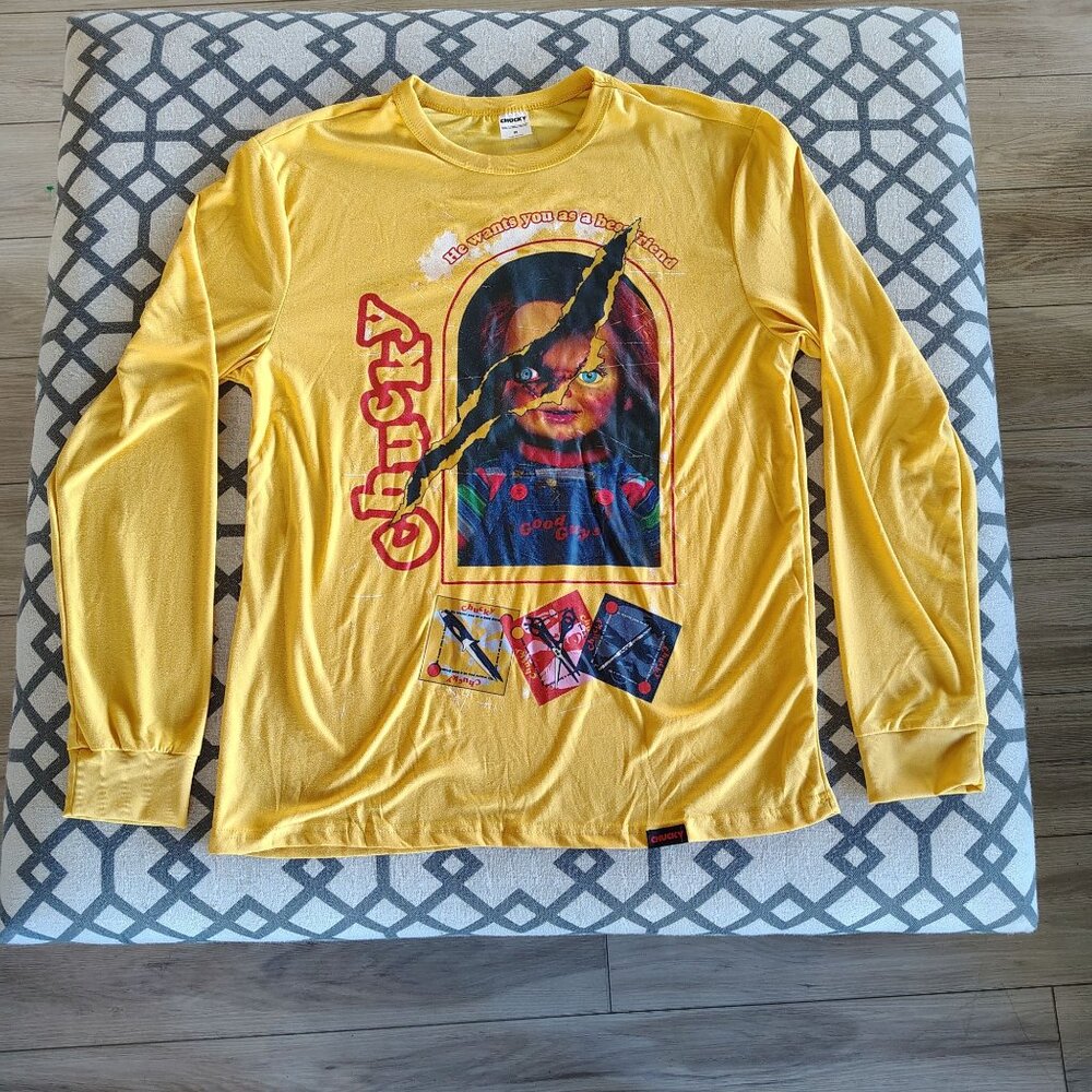 Chucky Long Sleeve Yellow Graphic Tee M "He Wants You As A Best Friend"